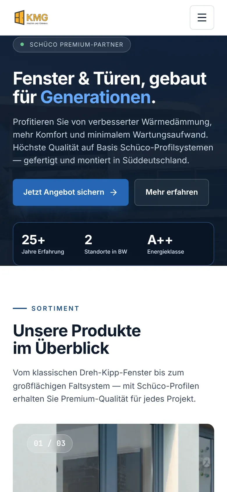 KMG Fensterbau & Haustüren website on a phone