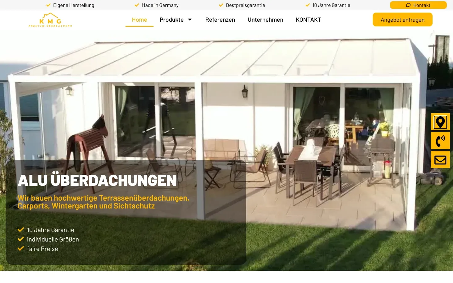 KMG Überdachungen website, desktop view