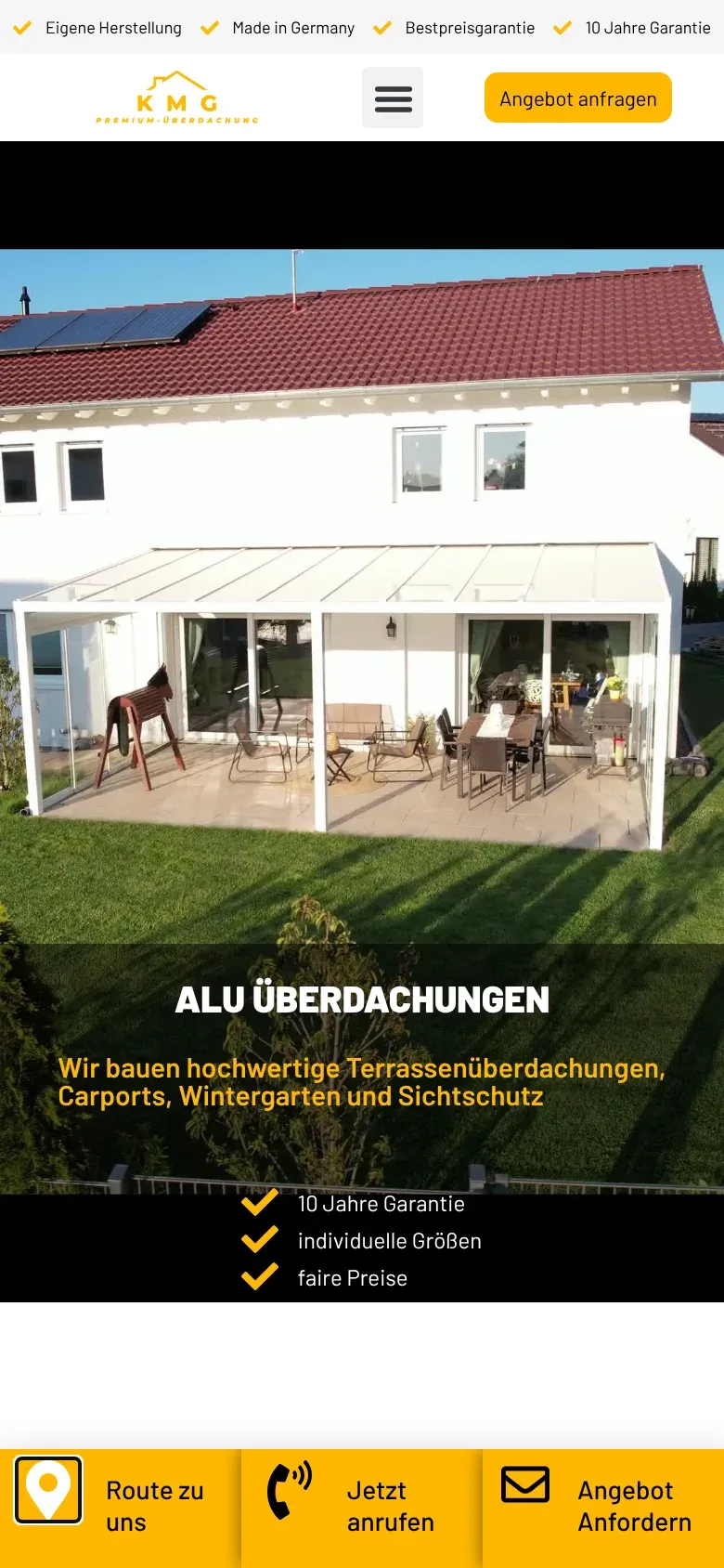 KMG Überdachungen website on a phone